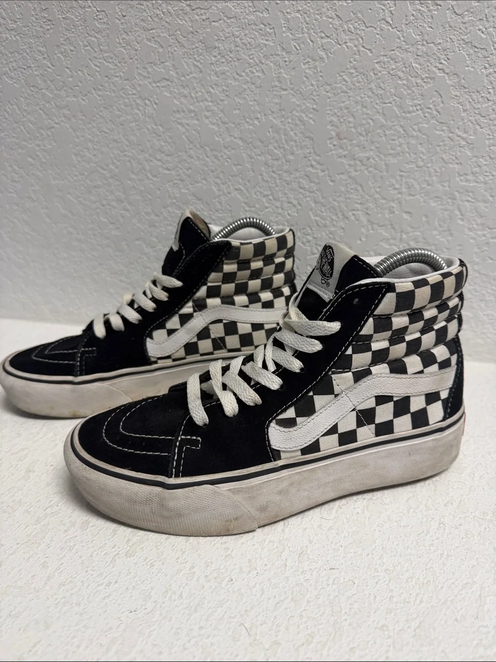 Vans Black and White Checkerboard High-Top Sneakers W 7 M 5.5